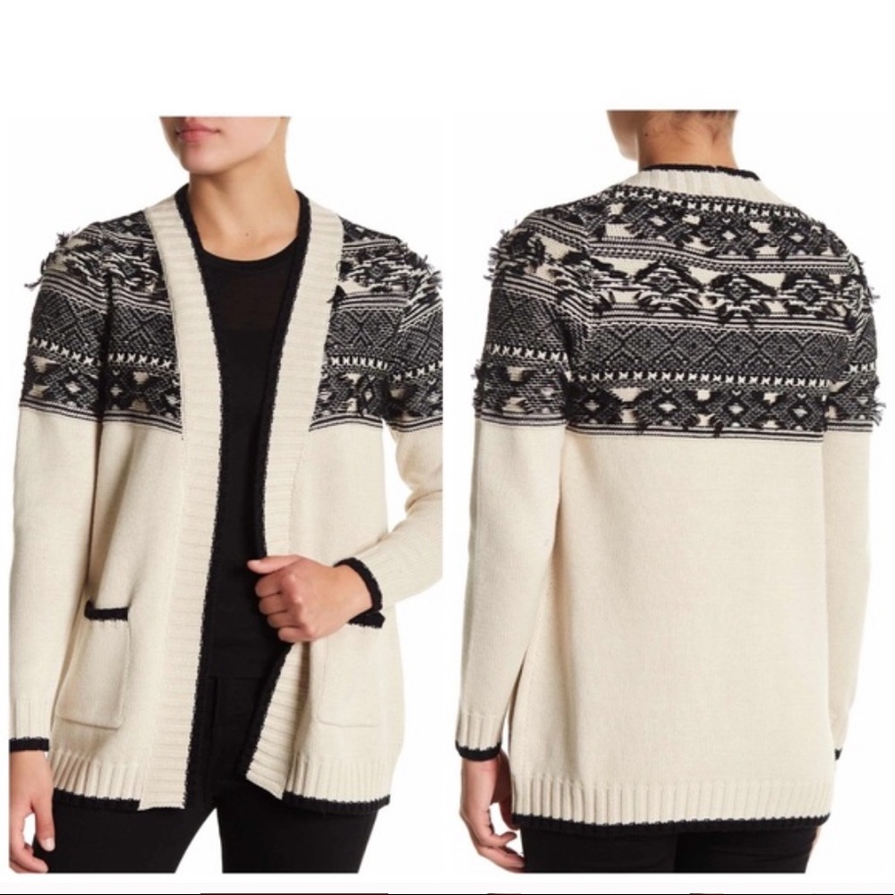 Chaser Contrast Stitch Cardigan Sweater Cream Black XS